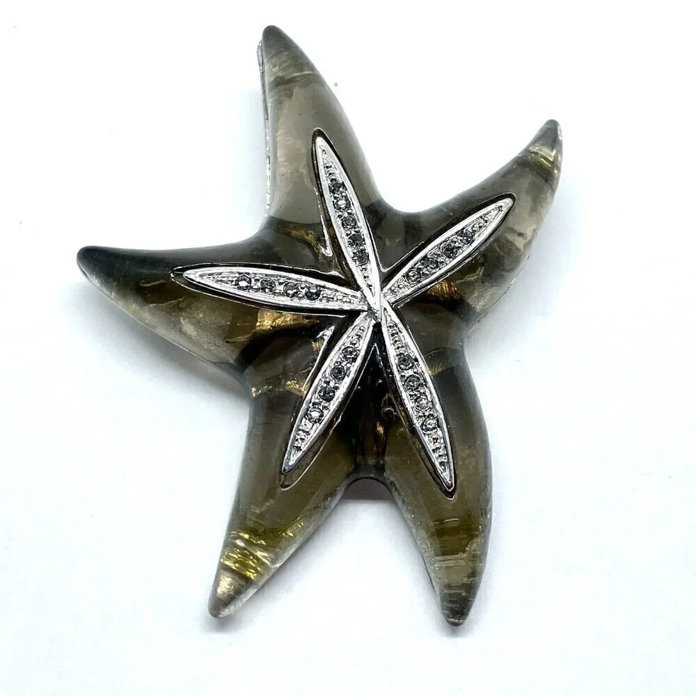 Large Starfish Brooch Silver Tone Metal and Resin Sparkly Bling Beachy Jewelry